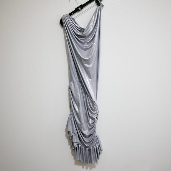 Norma Kamali One Shoulder Lame Mini Dress Silver Metallic Ruffle Drape SZ M - Picture 2 of 9